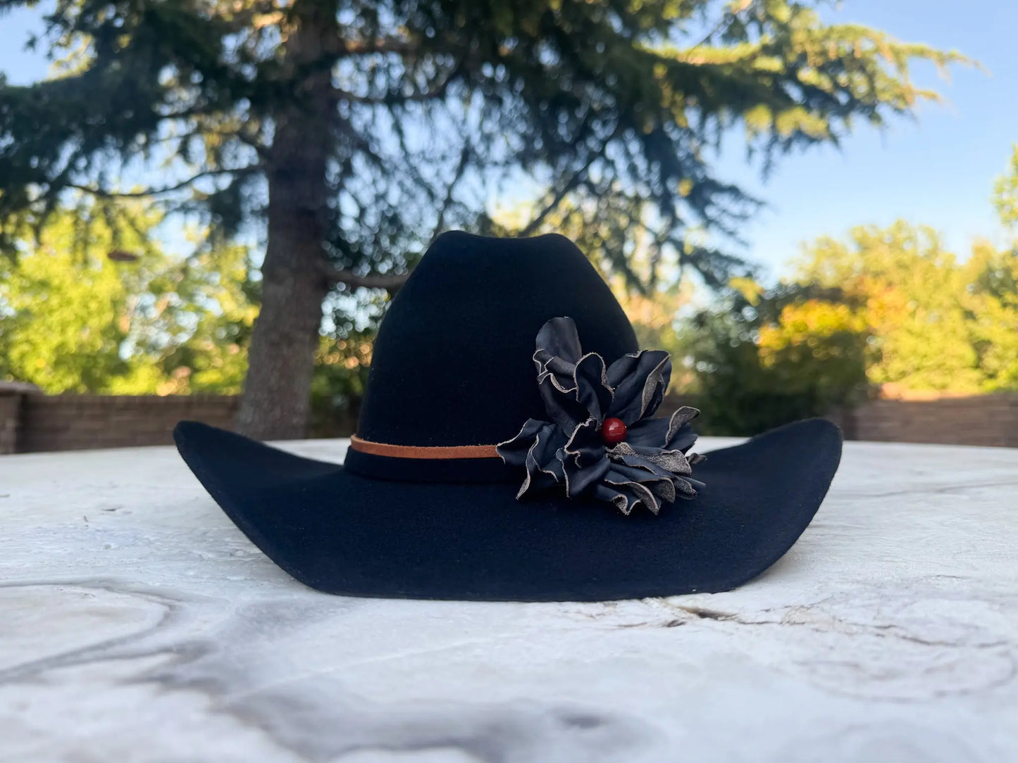 Black Cowgirl Hat w/ Black Leather Flower & Red Jasper Stone Hat Band | Lydia | Westside Cowgirl