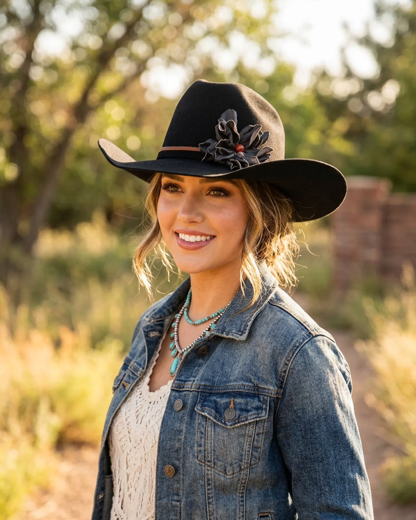 Woman wearing a cowgirl hat w/ a black leather flower & red jasper stone hat band. She is also wearing a denim jacket in a field.