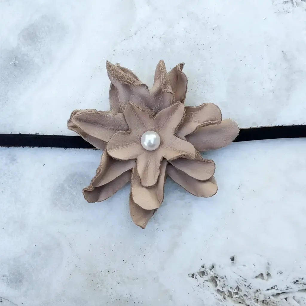 Leather Flower Hair Bow + Headband w/ Natural Freshwater Pearl | Cowgirl Hat Band | Emma | Westside Cowgirl