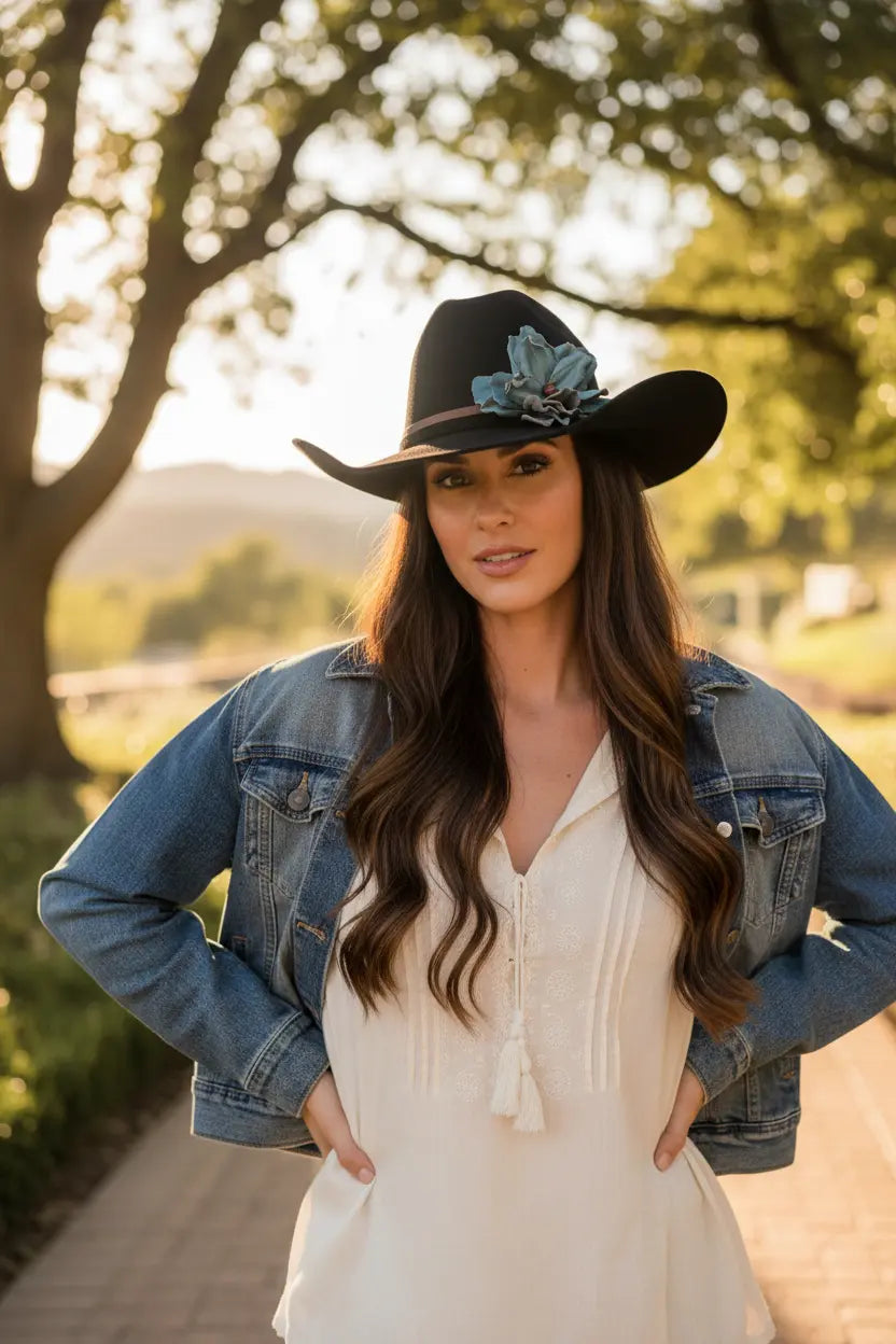 Woman wearing a black cowgirl hat w/ a turquoise leather flower & red agate stone hat band. She is also wearing a denim jacket and white dress outdoors.