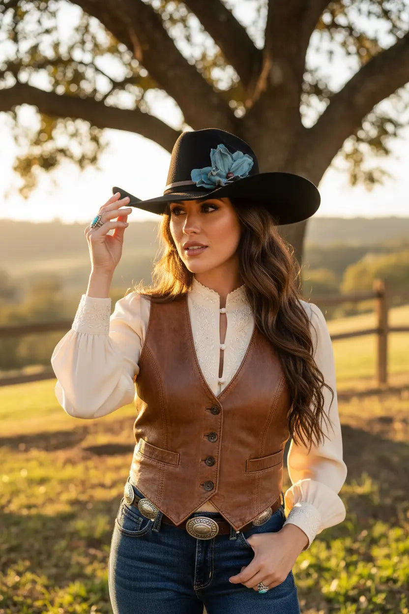 Woman wearing a cowgirl hat w/ a turquoise leather flower & red agate stone hat band. She is also wearing a vest and standing in a field.