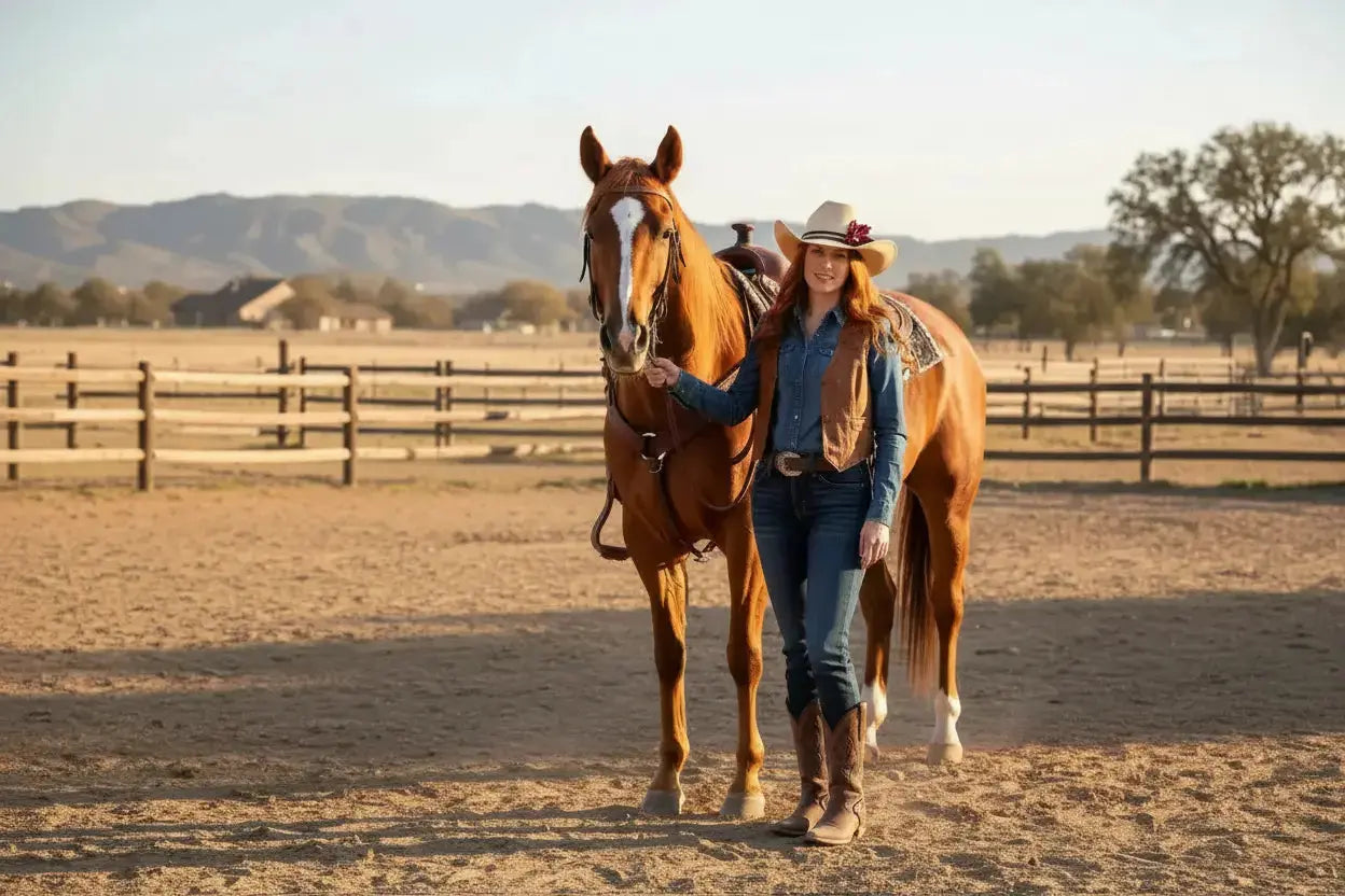 Woman wearing a women's cowgirl hat with a beautiful red leather flower and blue lapis stone hat band on it. She is standing next to her horse.