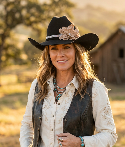 A woman wearing a black cowboy hat with a leather flower hat band, a cream western shirt, and a dark leather vest, standing outdoors in a sunlit rural setting with a barn in the background.