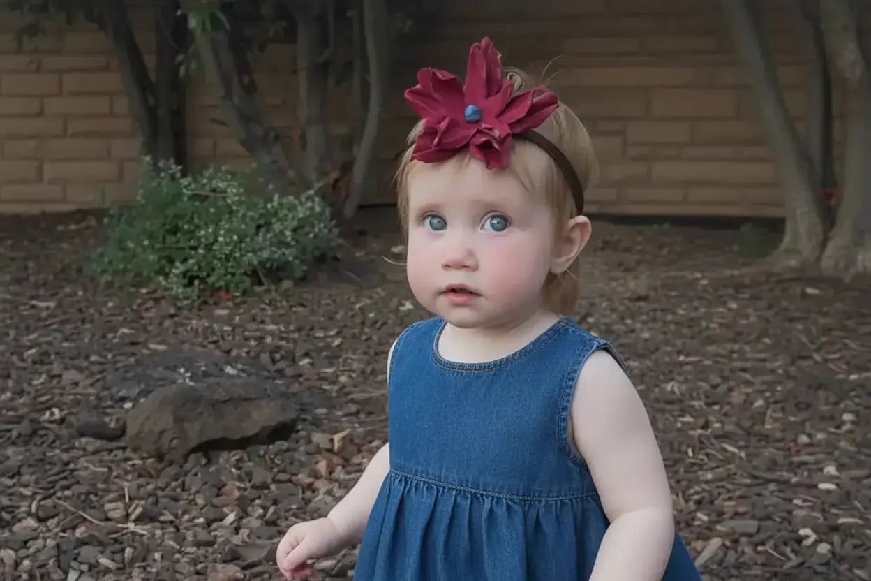 A little girl wearing a beautiful red leather lace hair bow + headband w/ a natural blue lapis stone.