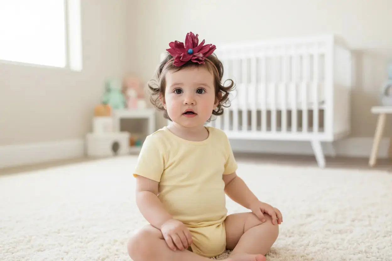 A little girl wearing a beautiful red leather lace hair bow + headband w/ a natural blue lapis stone.