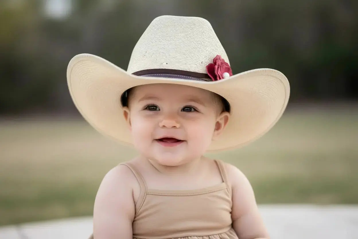 Baby girl wearing a cowgirl hat with a red leather flower and natural freshwater pearl hat band on it
