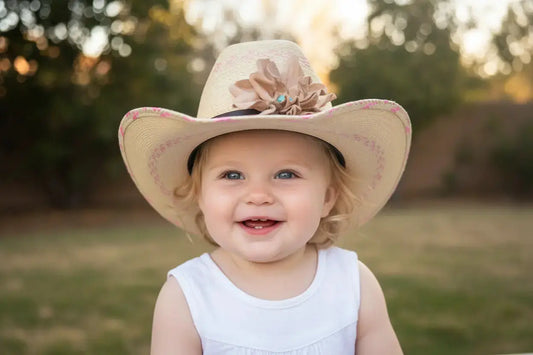 Baby girl wearing child's cowgirl hat with leather flower and Kingman Turquoise stone hat band on it - Westside Cowgirl