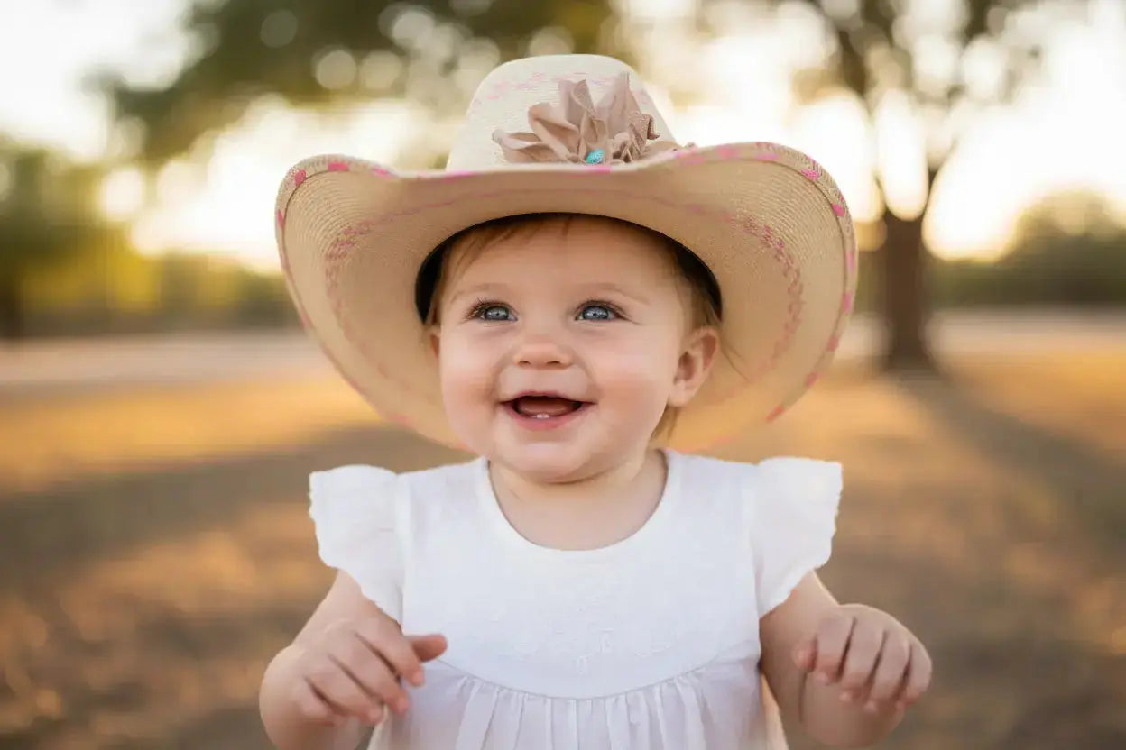 Baby girl wearing child's cowgirl hat with leather flower and Kingman Turquoise stone hat band on it - Westside Cowgirl