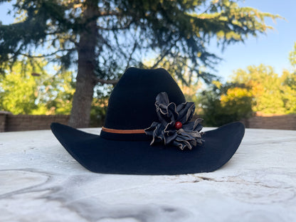 Black Cowgirl Hat w/ Black Leather Flower & Red Jasper Stone Hat Band | Lydia | Westside Cowgirl