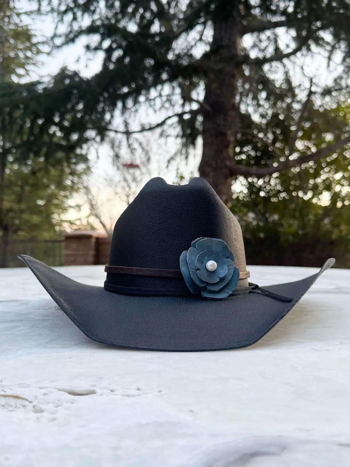 Black Cowgirl Hat w/ Blue Leather Flower & Freshwater Pearl Hat Band | Anna | Westside Cowgirl
