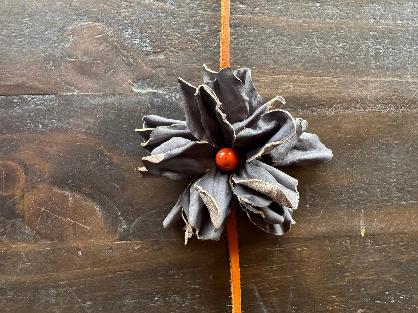 Black Leather Flower w/ Red Jasper Stone Hair Bow + Headband | Cowgirl Hat Band | Lydia | Westside Cowgirl