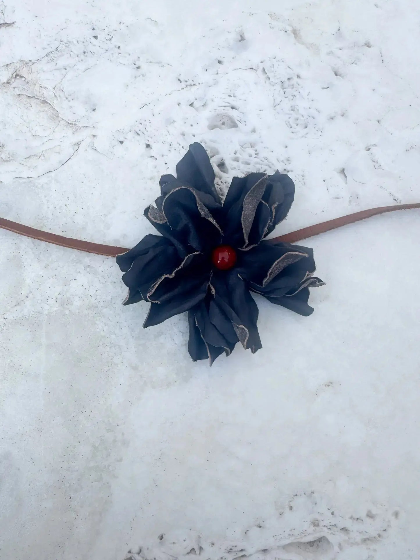 Black Leather Flower w/ Red Jasper Stone Hair Bow + Headband | Cowgirl Hat Band | Lydia | Westside Cowgirl