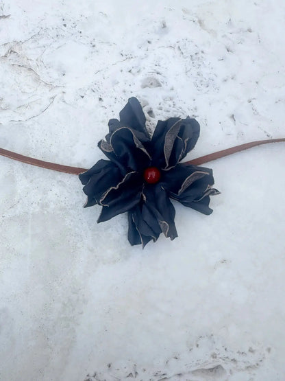 Black Leather Flower w/ Red Jasper Stone Hair Bow + Headband | Cowgirl Hat Band | Lydia | Westside Cowgirl