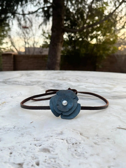 Blue Leather Flower Hair Bow + Headband w/ Natural Freshwater Pearl | Cowgirl Hat Band | Anna | Westside Cowgirl