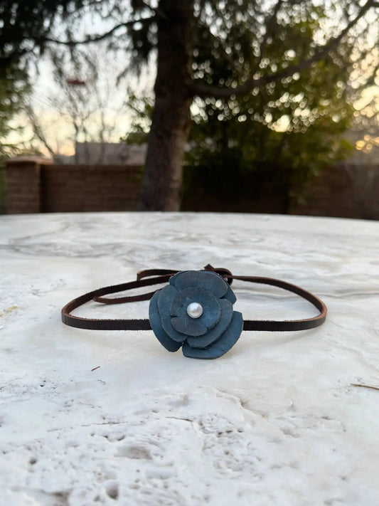Blue Leather Flower Hair Bow + Headband w/ Natural Freshwater Pearl | Cowgirl Hat Band | Anna | Westside Cowgirl