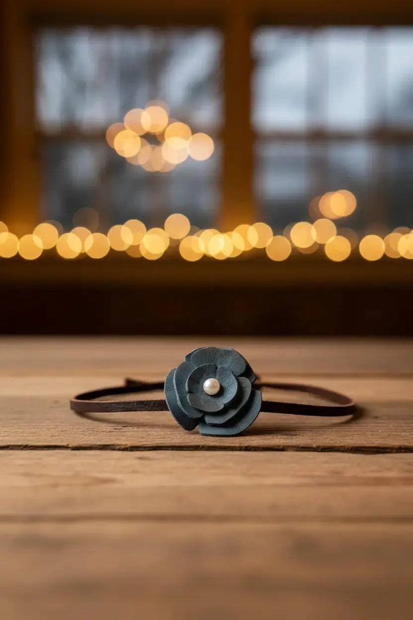 Blue Leather Flower Hair Bow + Headband w/ Natural Freshwater Pearl | Cowgirl Hat Band | Anna | Westside Cowgirl