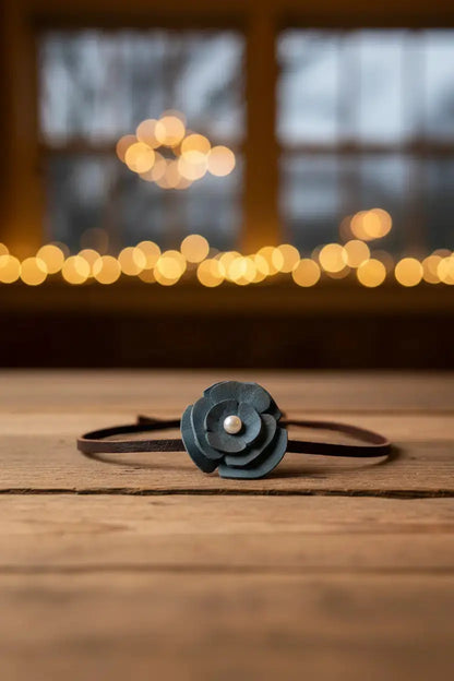 Blue Leather Flower Hair Bow + Headband w/ Natural Freshwater Pearl | Cowgirl Hat Band | Anna | Westside Cowgirl