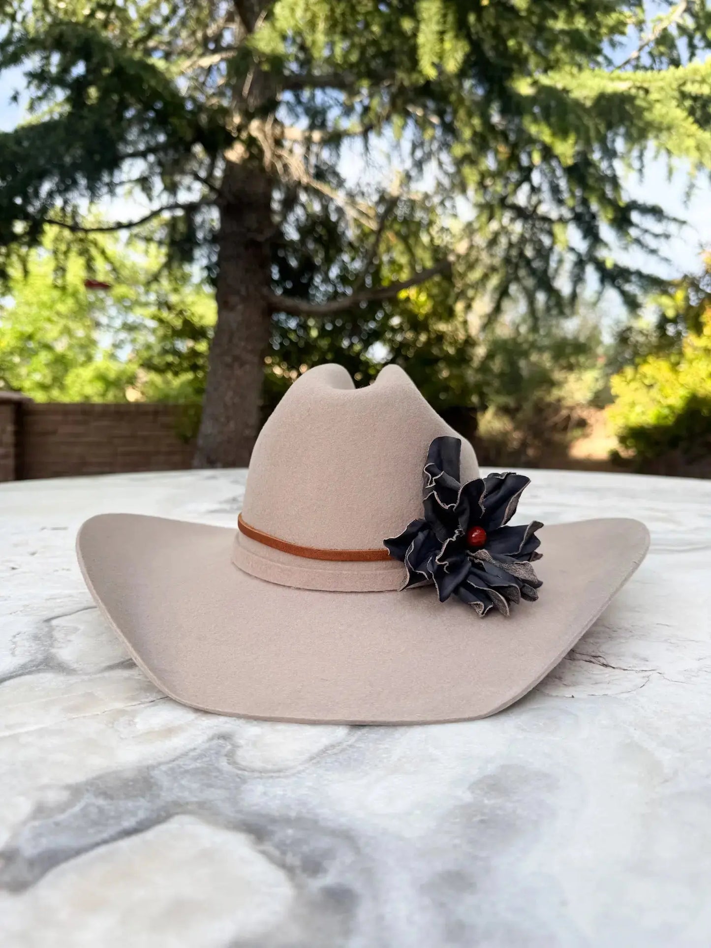 Cowgirl Hat w/ Black Leather Flower & Red Jasper Stone Hat Band | Lydia | Westside Cowgirl