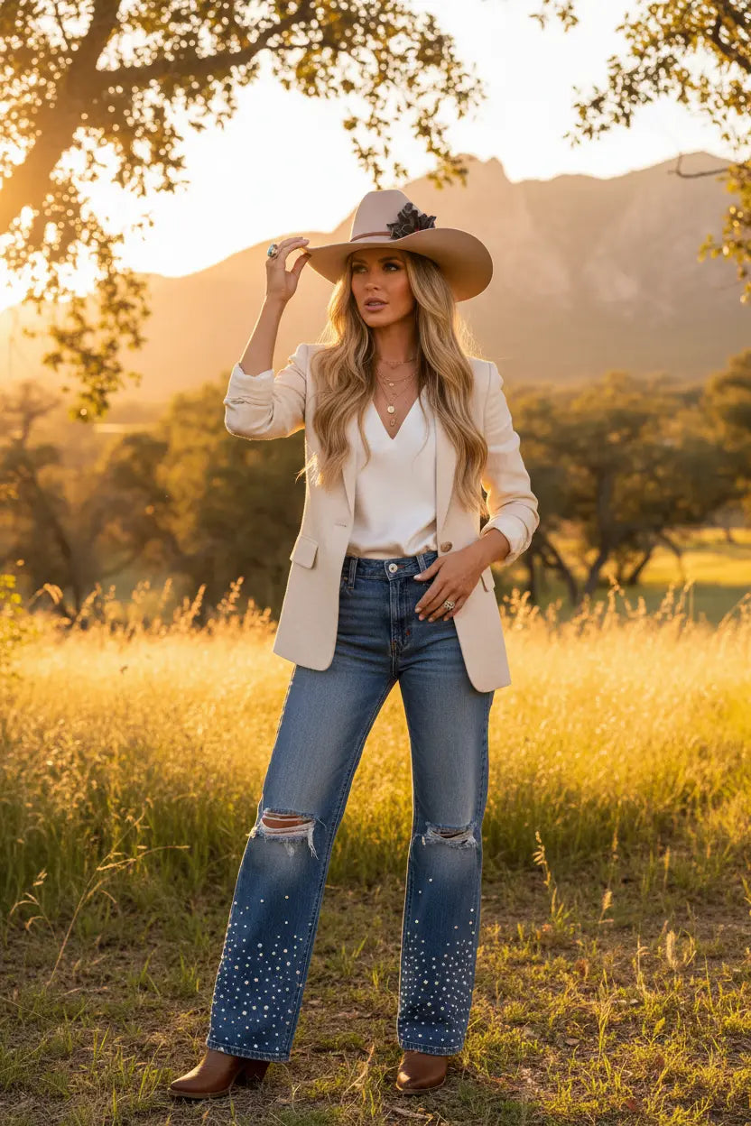 Lydia | Black Leather Flower w/ Red Jasper Stone | Cowgirl Hat Band Westside Cowgirl
