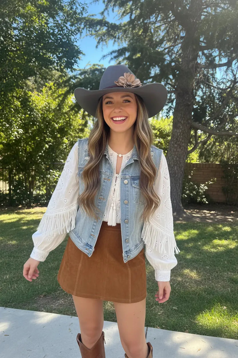 Girl wearing cowgirl hat with Leather Flower w/ Dalmatian Stone Hat Band. She's smiling big with trees in the background.