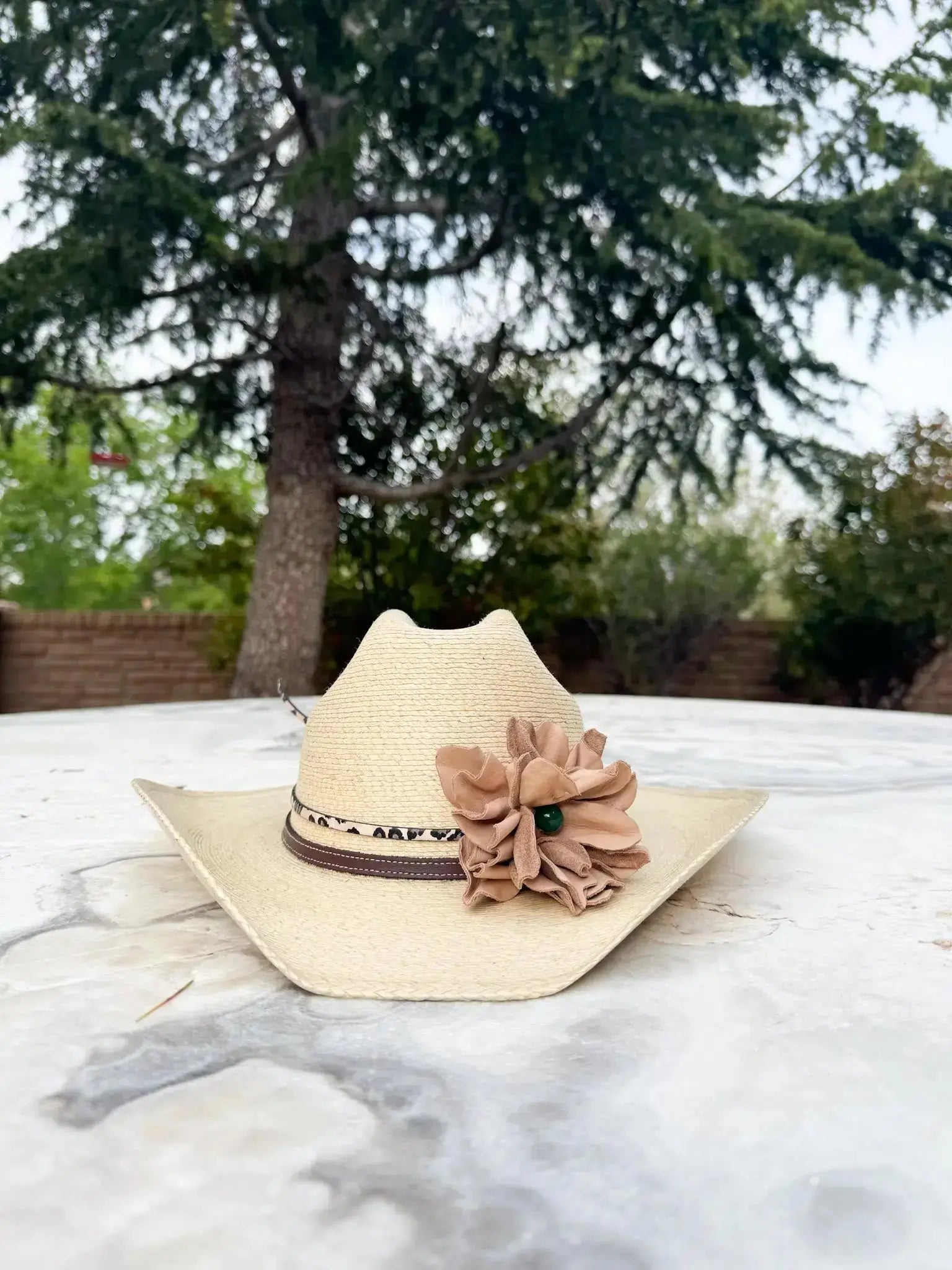 Cowgirl Hat w/ Leather Flower & Green Agate Stone Hat Band | Victoria | Westside Cowgirl