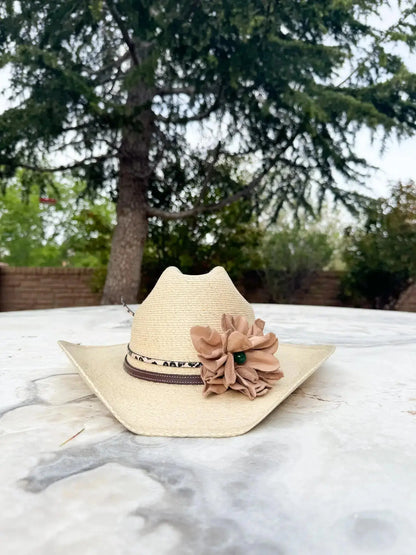 Cowgirl Hat w/ Leather Flower & Green Agate Stone Hat Band | Victoria | Westside Cowgirl