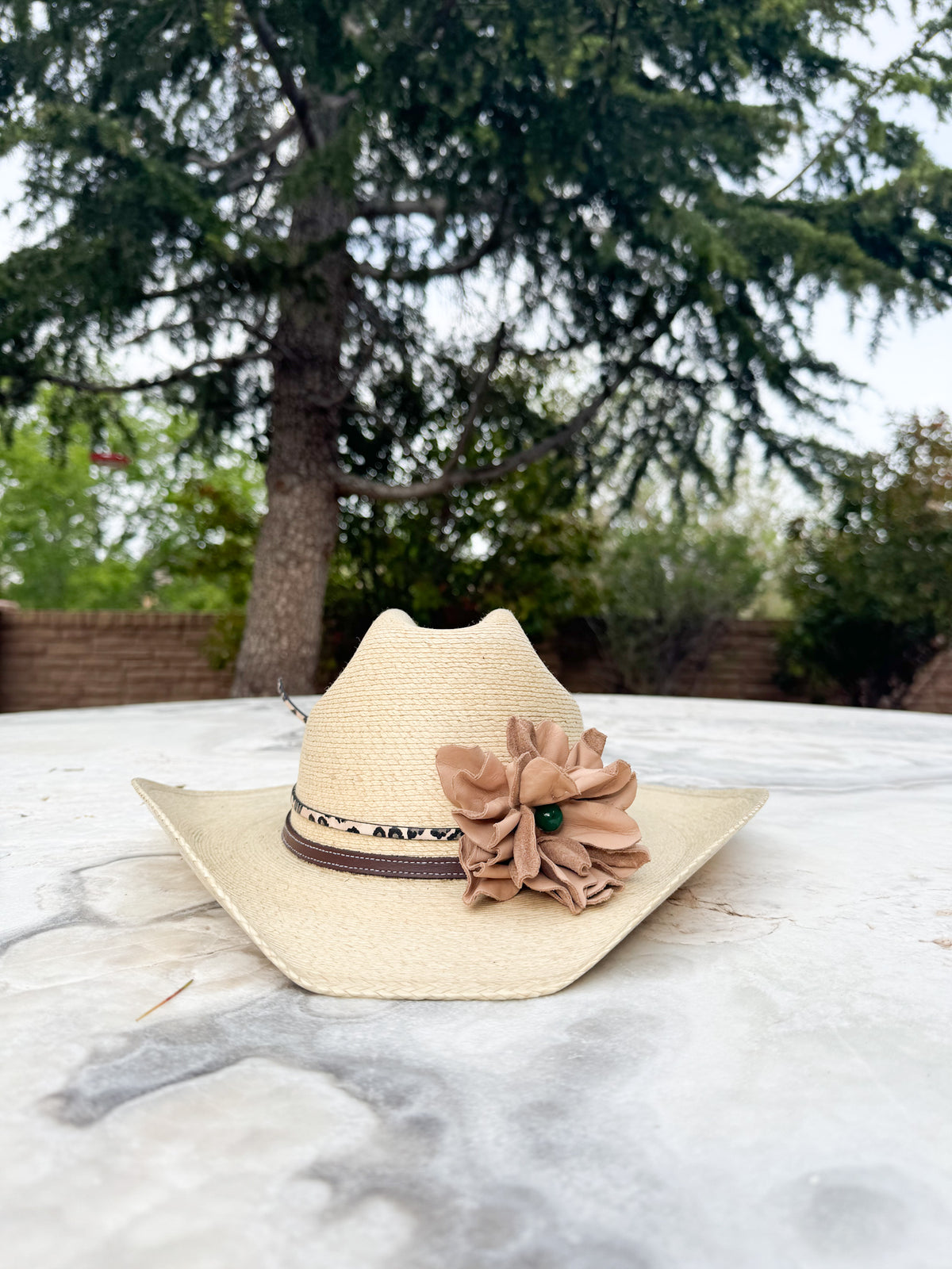 Woman wearing Cowgirl Hat w/ Leather Flower & Green Agate Stone Hat Band | Victoria | Westside Cowgirl