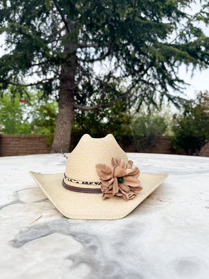 Woman wearing Cowgirl Hat w/ Leather Flower & Green Agate Stone Hat Band | Victoria | Westside Cowgirl
