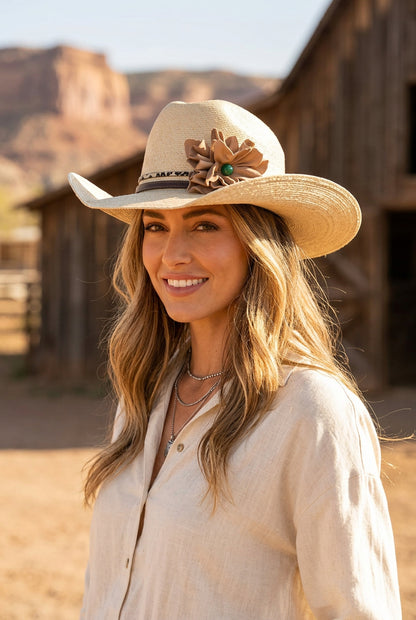 Woman wearing cowgirl hat with a beautiful leather flower leopard lace hat band on it