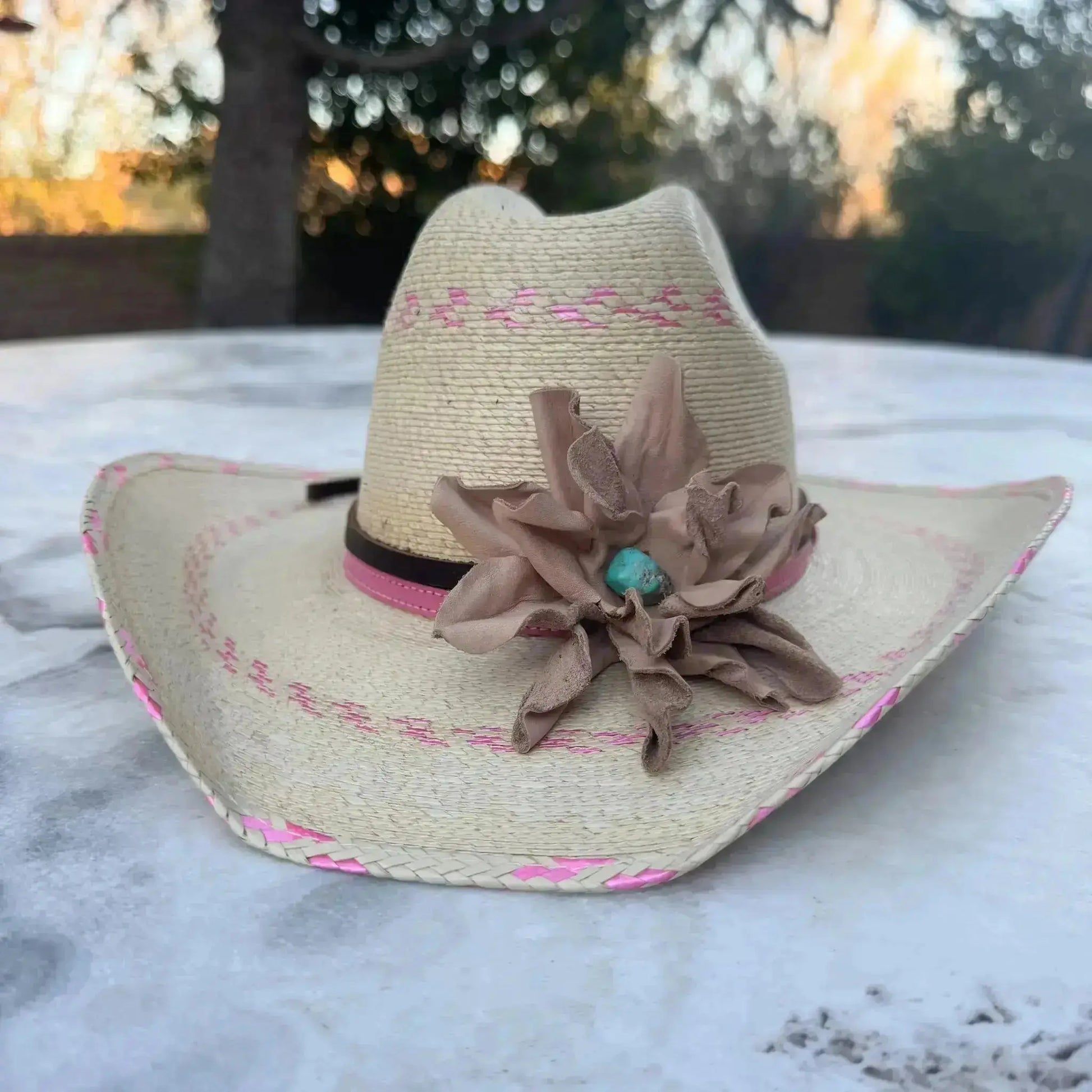 Cowgirl Hat w/ Leather Flower & Kingman Turquoise Stone Hat Band | Ava | Westside Cowgirl