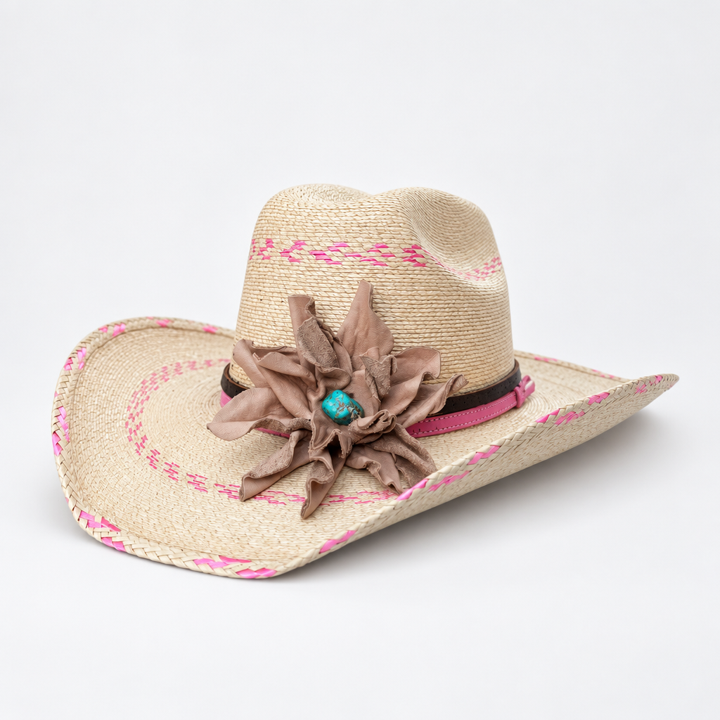 A straw cowboy hat in a natural beige color, decorated with pink stitched details on the crown and brim, a large natural leather flower with a turquoise center, and a pink band.