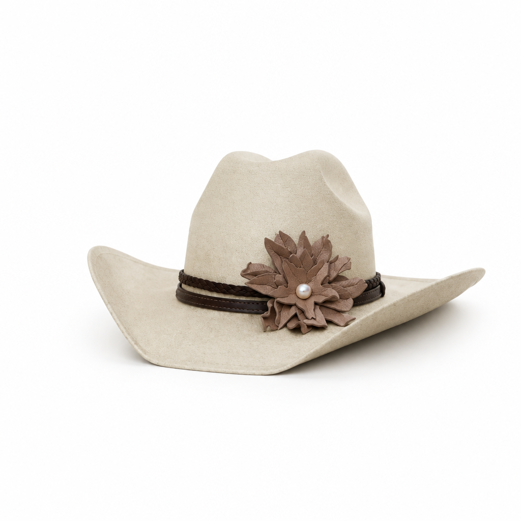 Cowgirl Hat w/ Leather Flower & Natural Freshwater Pearl Hat Band | Emma | Westside Cowgirl