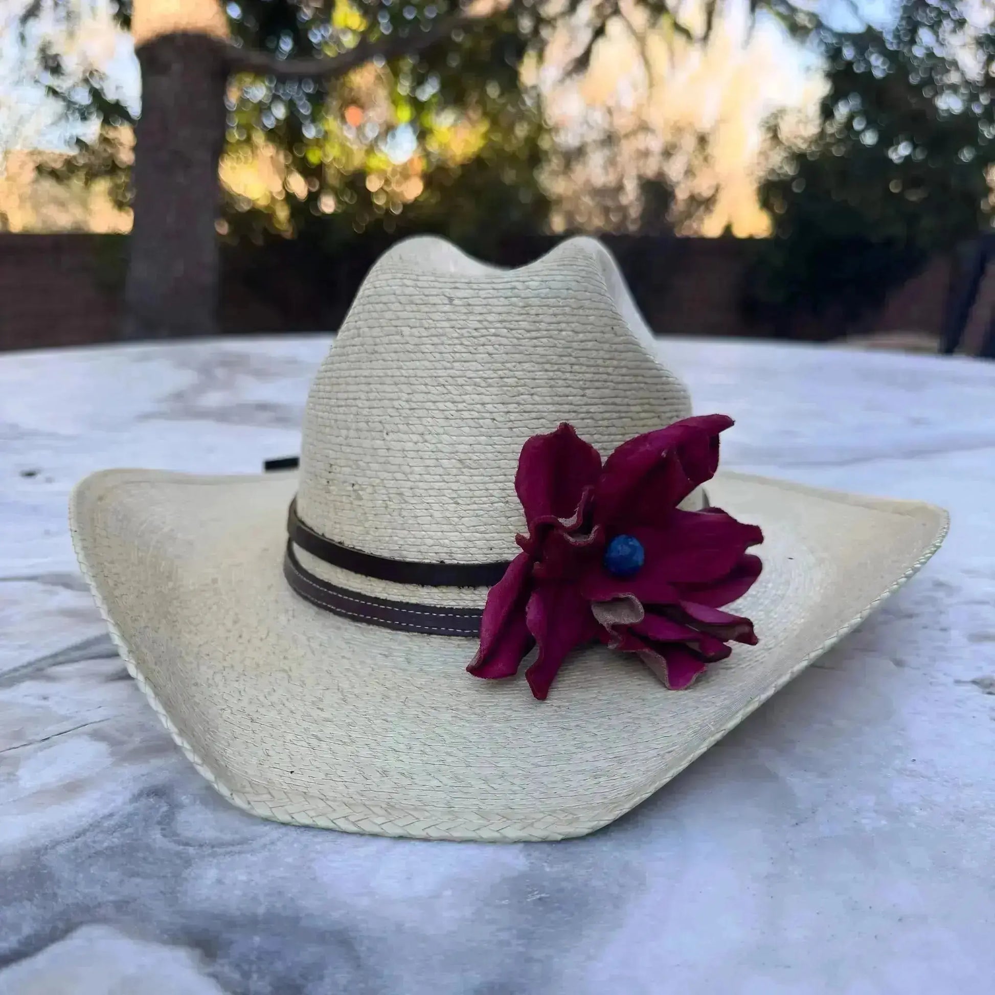 Cowgirl Hat w/ Red Leather Flower & Blue Lapis Stone Hat Band | Aurora | Westside Cowgirl