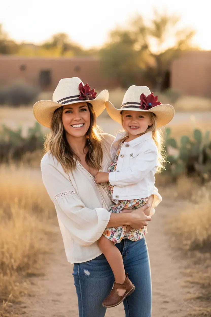 Woman holding a child both wearing cowgirl hats with flowers in a desert setting