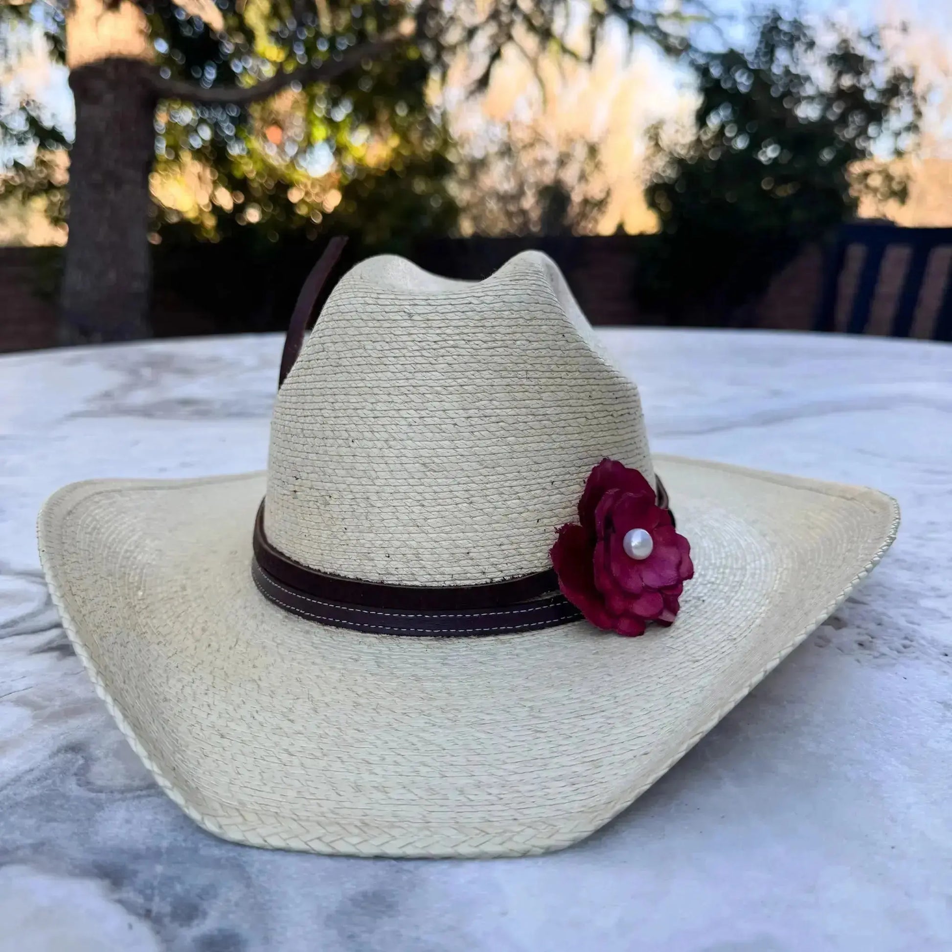 Cowgirl Hat w/  Red Leather Flower & Natural Freshwater Pearl Hat Band | Olive | Westside Cowgirl