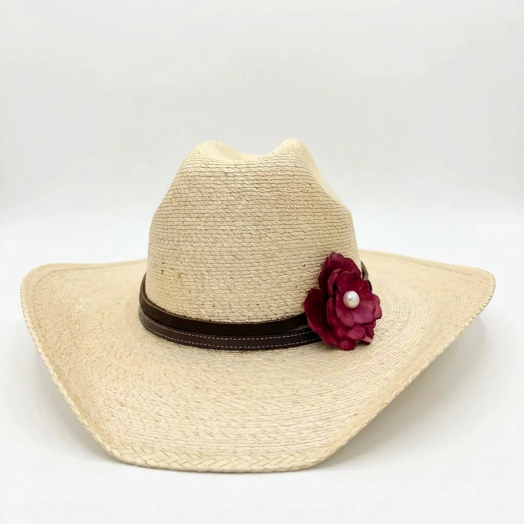 Cowgirl Hat w/  Red Leather Flower & Natural Freshwater Pearl Hat Band | Olive | Westside Cowgirl