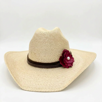 Cowgirl Hat w/  Red Leather Flower & Natural Freshwater Pearl Hat Band | Olive | Westside Cowgirl
