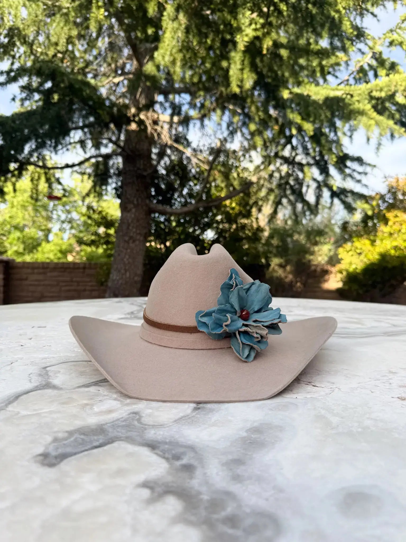 Cowgirl Hat w/ Turquoise Leather Flower & Red Agate Stone Hat Band | Amber | Westside Cowgirl