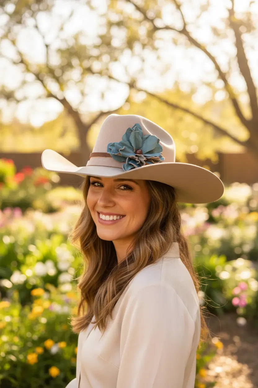 Woman wearing a beige cowgirl hat with a floral hat band in a garden setting