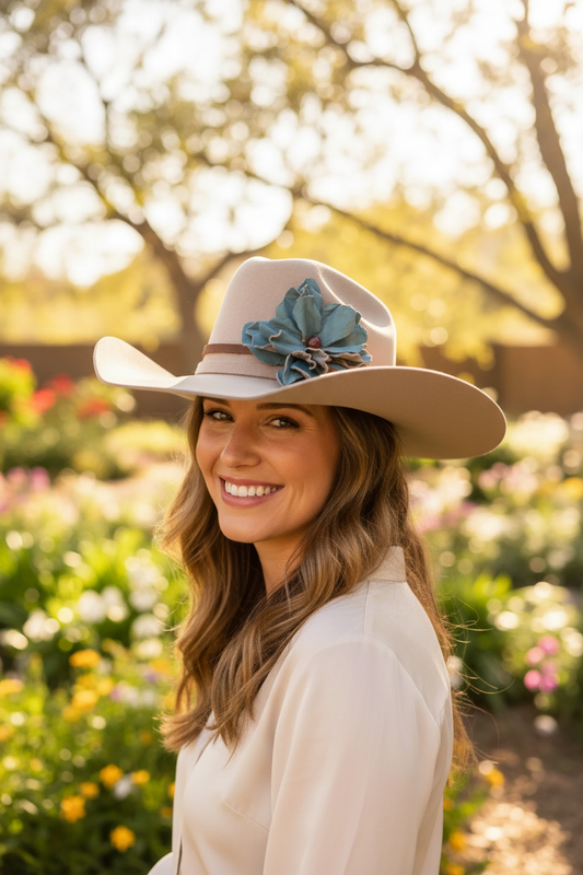 Woman wearing a beige cowgirl hat with a floral hat band in a garden setting