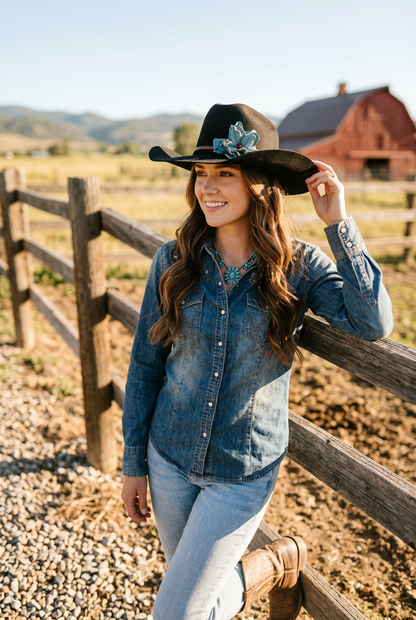 A young woman stands against a wood fence wearing a black cowboy hat with a turquoise flower hat band, 