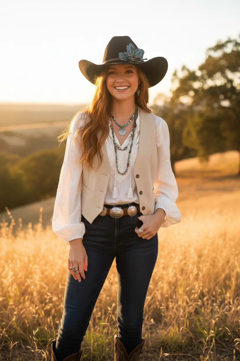 A woman stands in a sunlit grassy field wearing a black cowboy hat with a turquoise flower accent, a cream vest over a white blouse, dark jeans, and brown boots.