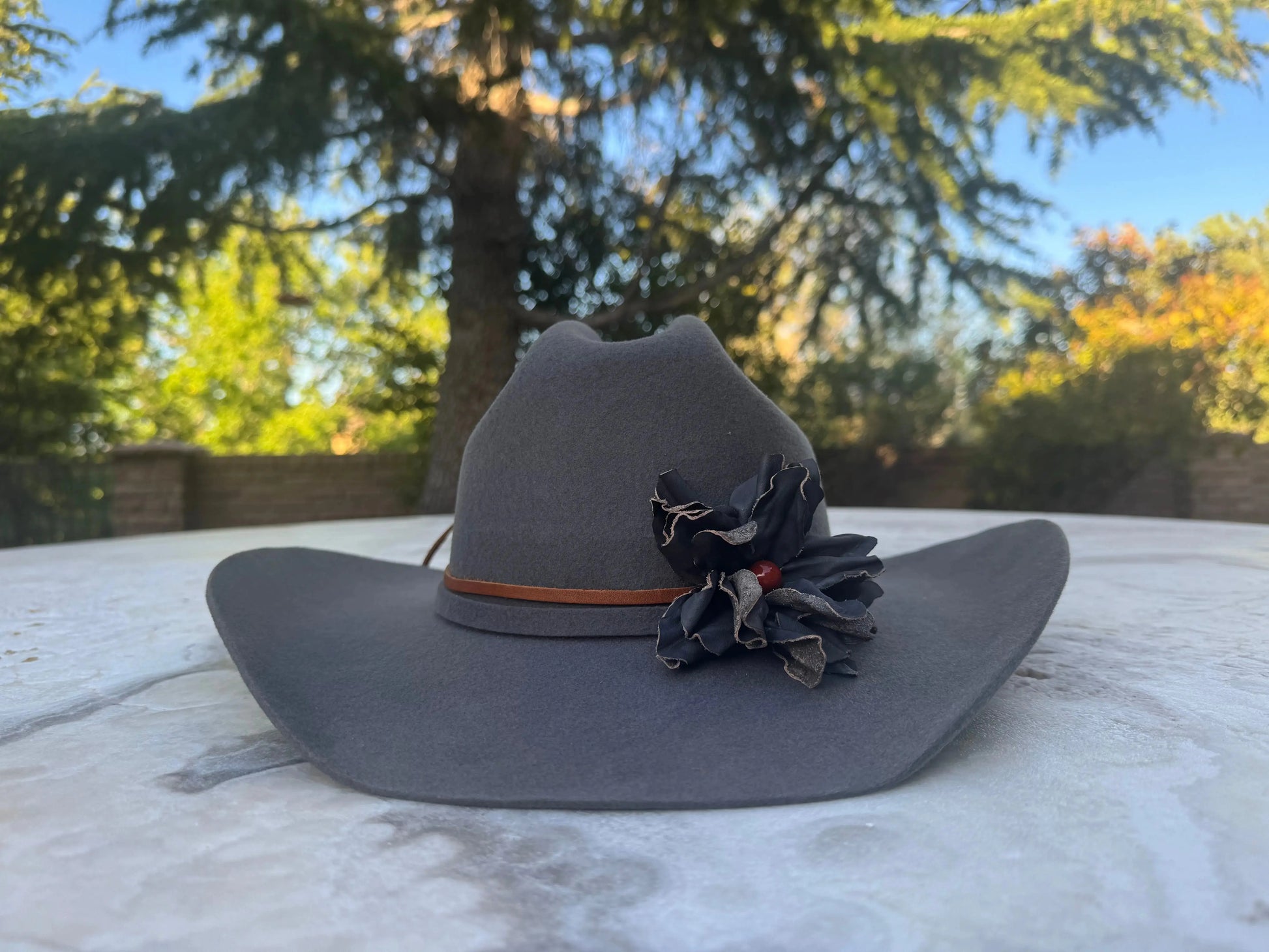 Cowgirl Hat w/ Black Leather Flower & Red Jasper Stone Hat Band | Lydia | Westside Cowgirl