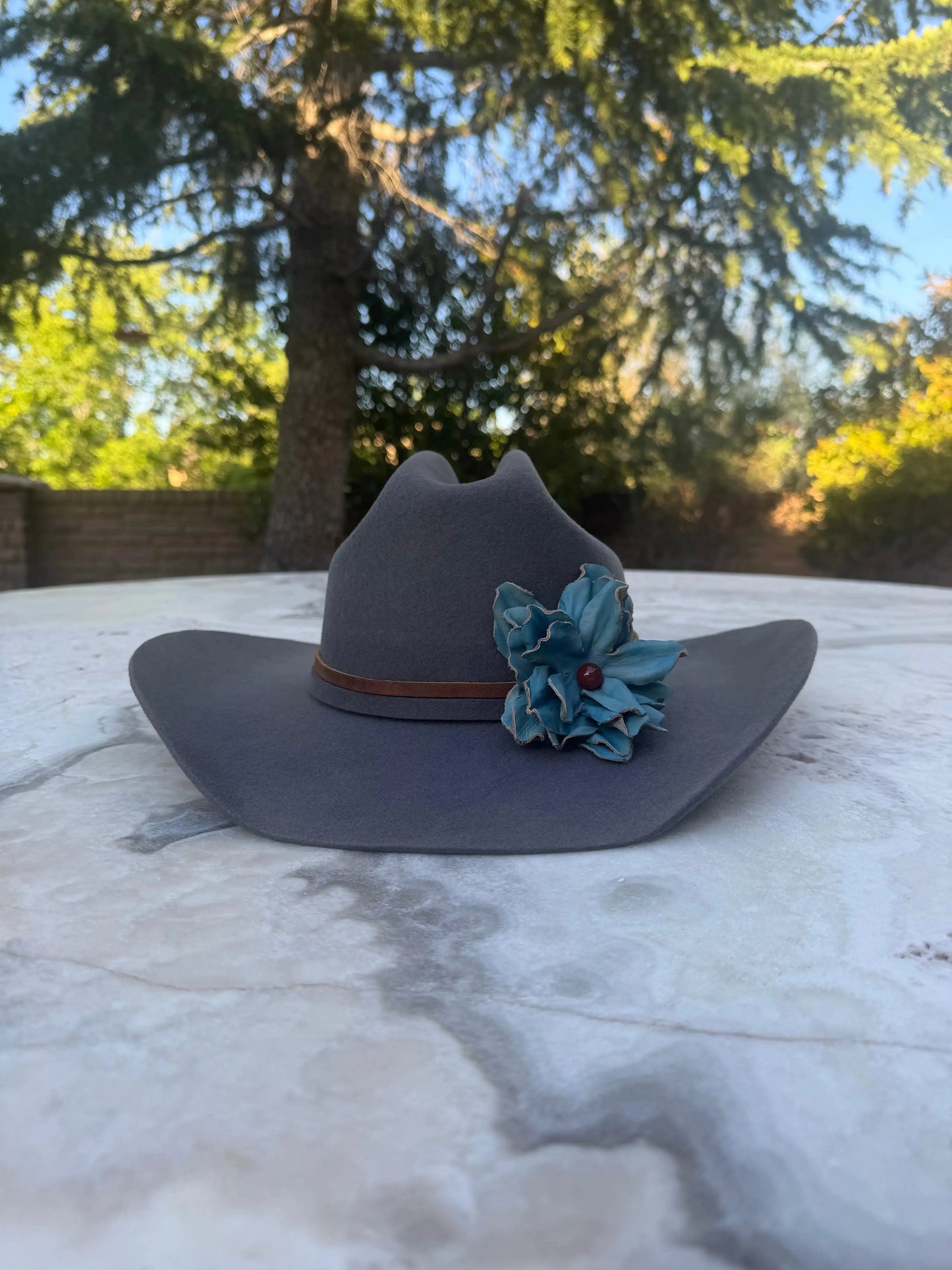 Gray Cowgirl Hat w/ Turquoise Leather Flower & Red Agate Stone Hat Band | Amber | Westside Cowgirl