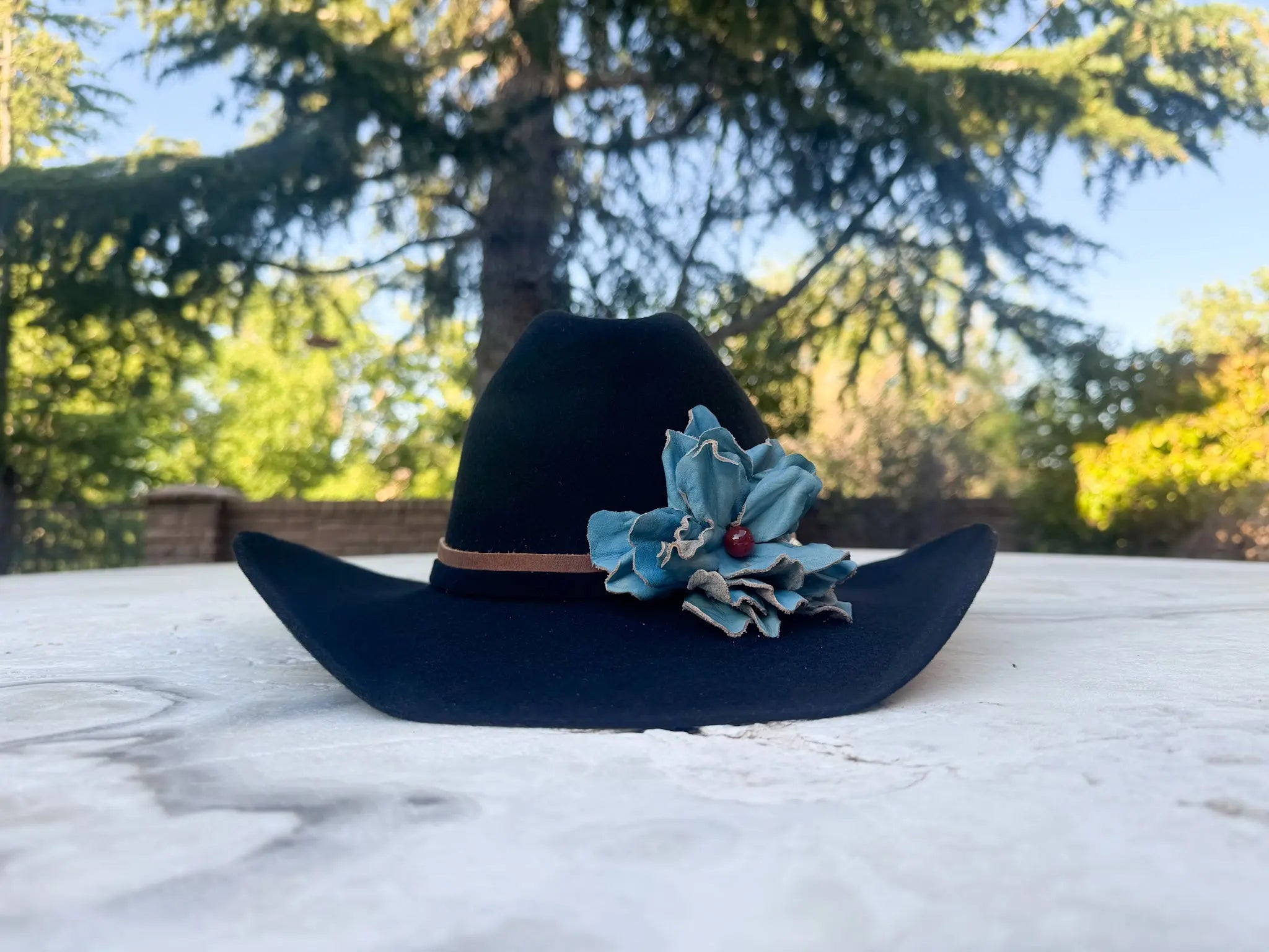 Amber | Turquoise Leather Flower w/ Red Agate Stone | Cowgirl Hat Band Westside Cowgirl