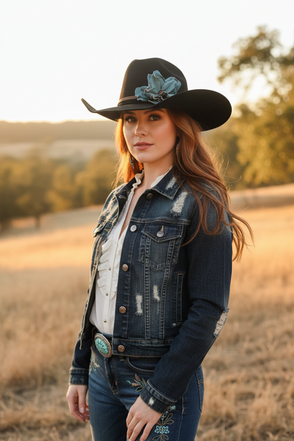 Amber | Turquoise Leather Flower w/ Red Agate Stone | Cowgirl Hat Band