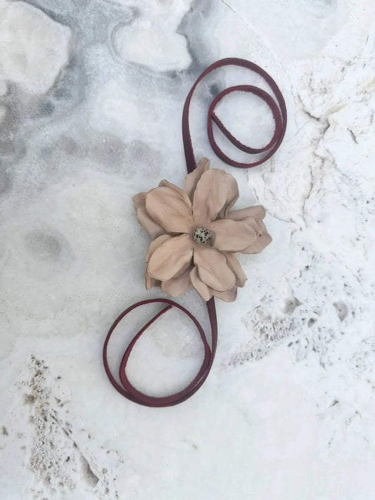Leather Flower Hair Bow + Headband w/ Dalmatian Stone | Red Cowgirl Hat Band | Yara | Westside Cowgirl