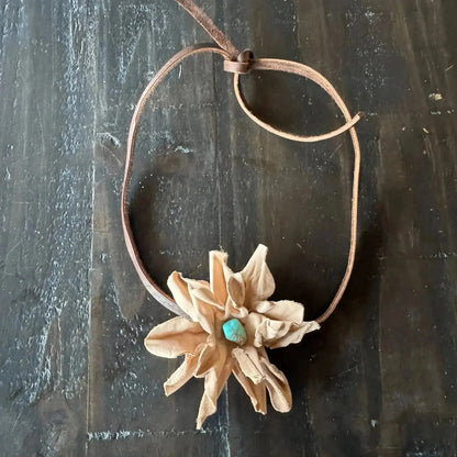 Leather Flower Hair Bow + Headband w/ Kingman Turquoise Stone | Cowgirl Hat Band | Ava | Westside Cowgirl