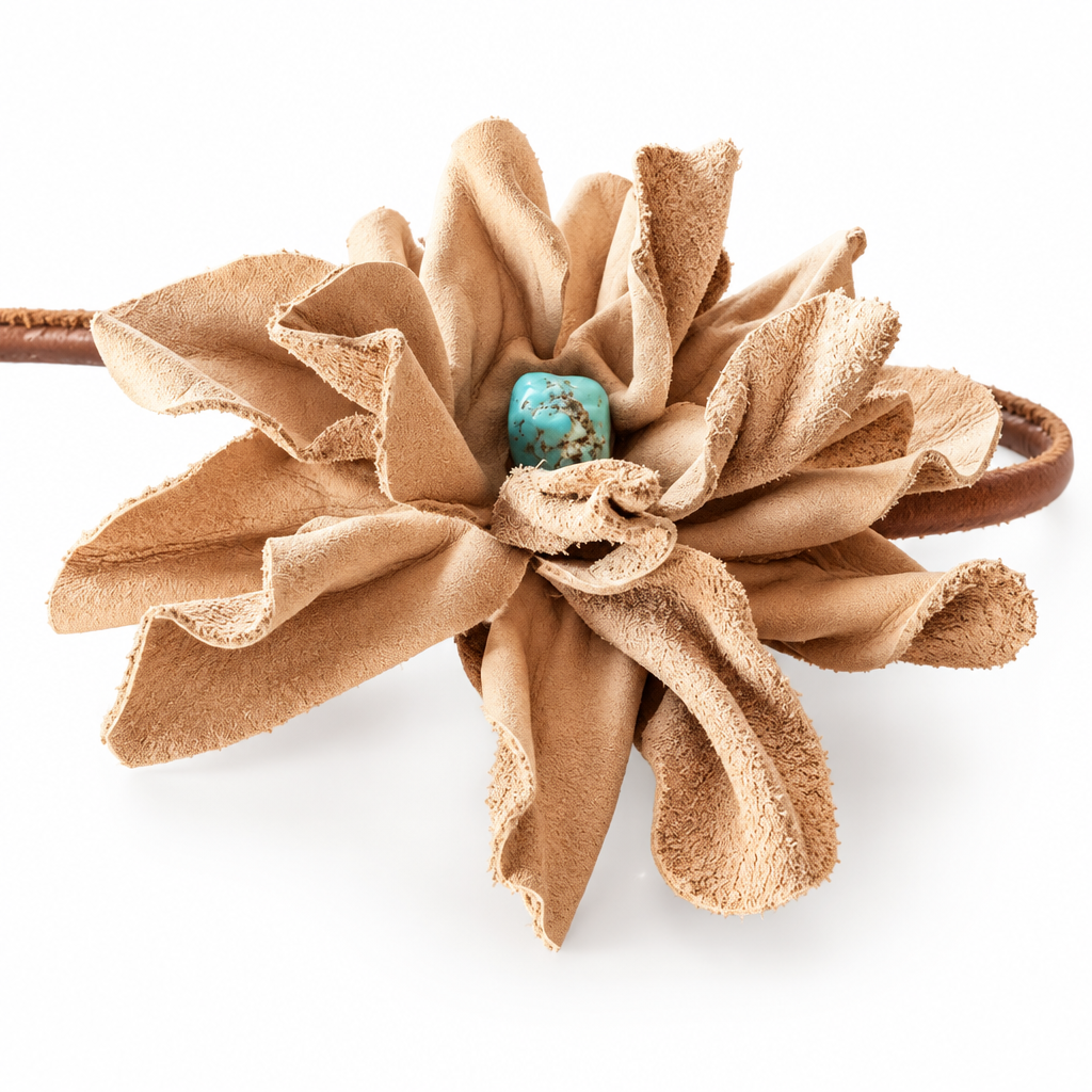 Leather Flower Hair Bow + Headband w/ Kingman Turquoise Stone | Cowgirl Hat Band | Ava | Westside Cowgirl