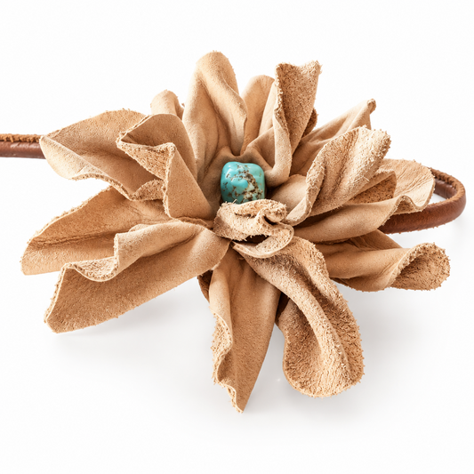 Leather Flower Hair Bow + Headband w/ Kingman Turquoise Stone | Cowgirl Hat Band | Ava | Westside Cowgirl
